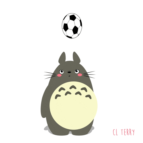 A cute, cartoon-style gray creature with a round cream belly and whiskers is looking up at a black and white soccer ball floating above its head.

Description generated by AI
